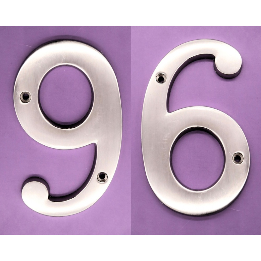 Number 6 or 9 Satin Nickel 4" House Number w/ Hardware Wall Mount Post Address